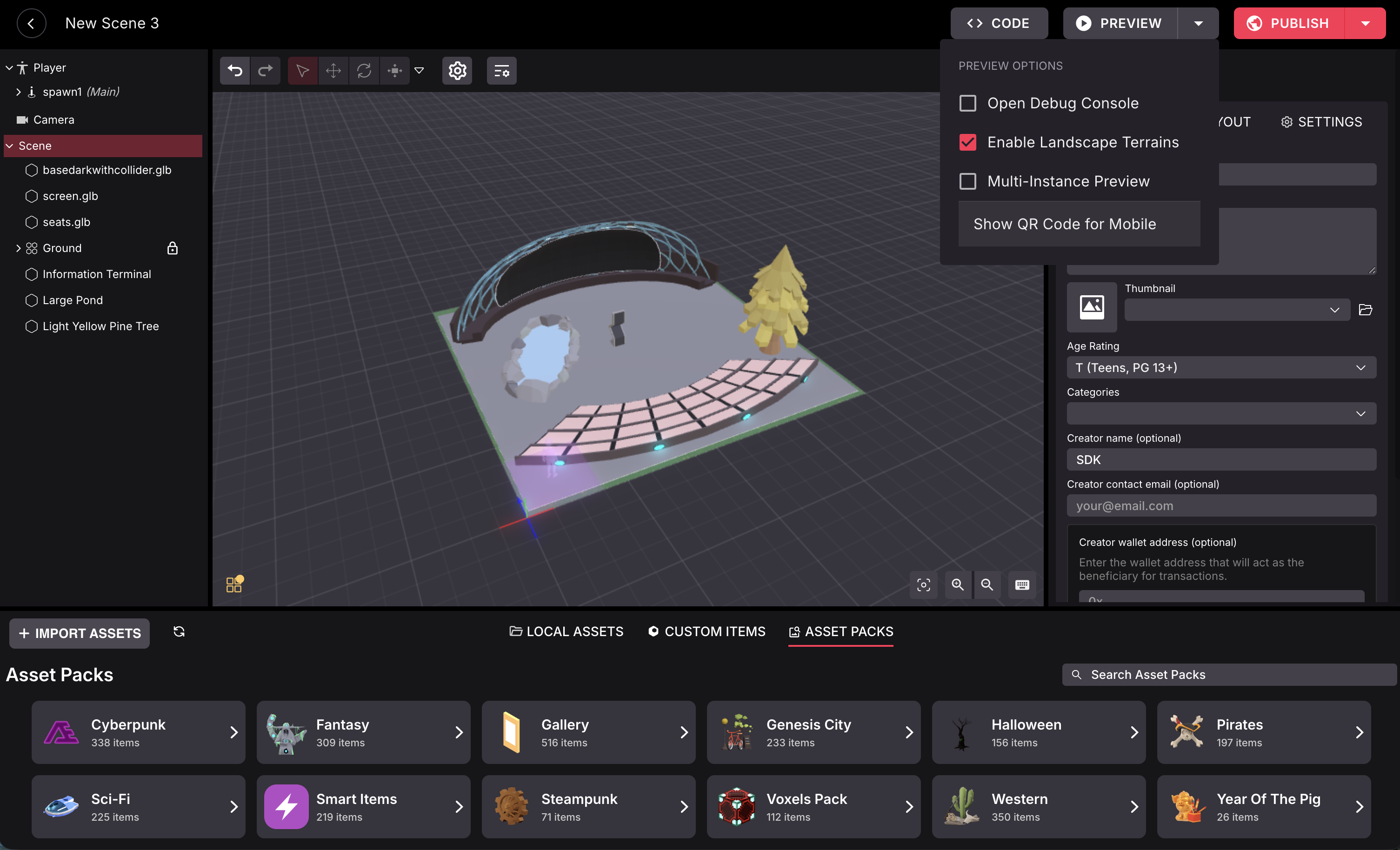 Creator Hub preview dropdown with the Show QR Code for Mobile option
