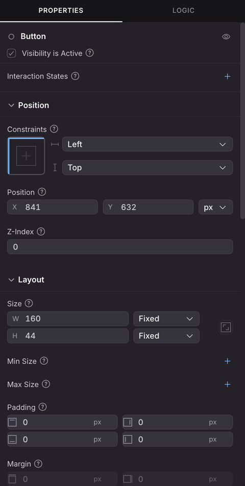 The Properties tab of the UI Editor for a selected Button, with Visibility, Interaction States, a Position section with Constraints, Position and Z-Index, and a Layout section with Size, Min Size, Max Size, Padding and Margin.